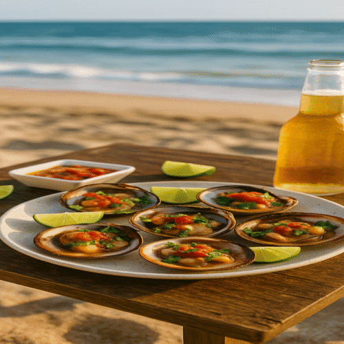 Grilled chocolate clams served in their shells with lime wedges beside the Sea of Cortez on a rustic coastal table
