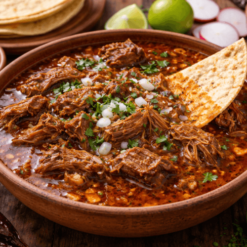 Birria de res served in a rustic clay bowl with tender shredded beef in rich red chile broth, garnished with chopped onion and cilantro, surrounded by warm corn tortillas and lime wedges