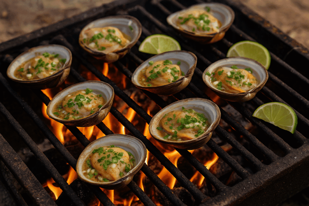 Grilled chocolate clams sizzling open over live fire on a rustic cast-iron grate, topped with garlic-lime butter and fresh herbs, with lime wedges on the grill.