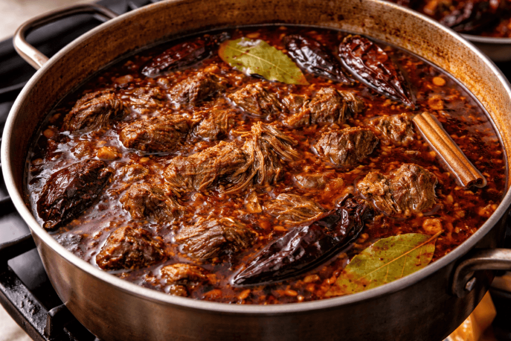 Birria de res cooking in a large pot as beef slowly simmers in a deep red chile broth with dried chiles, bay leaves, and warm spices.