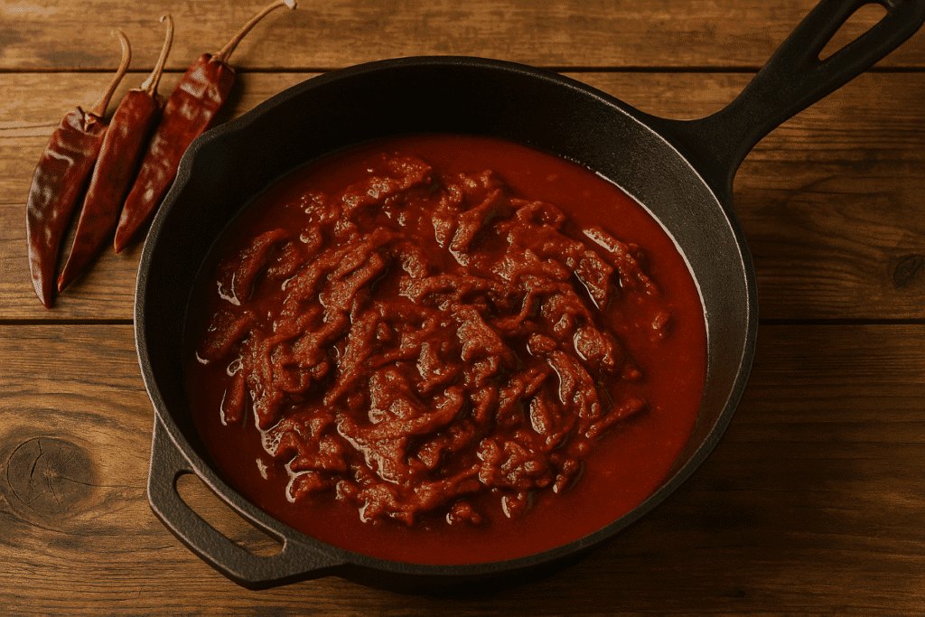 Chile Colorado con Carne Seca simmering in a cast-iron skillet with a rich guajillo chile sauce on a rustic wooden table.