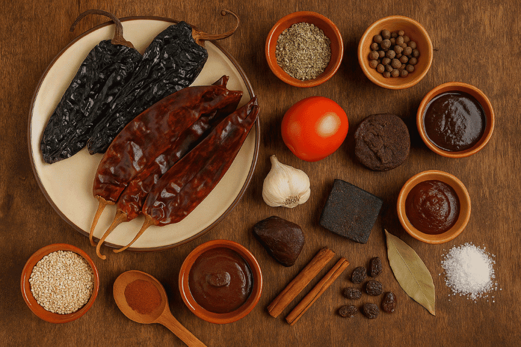 Ingredients for Mole Negro including dried chiles, spices, and chocolate ready for preparation