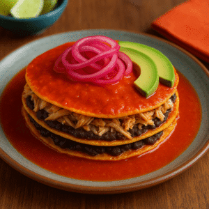 Traditional Campeche Pan de Cazón served with avocado slices and tomato salsa
