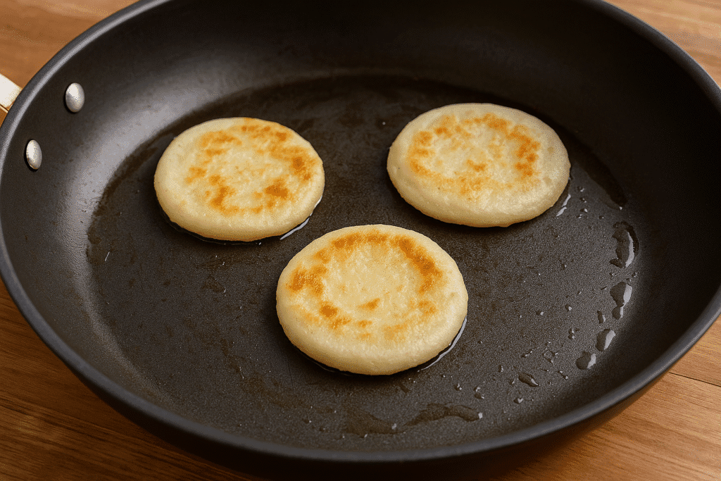 Frying thick masa discs in oil for traditional sopitos colimotes.