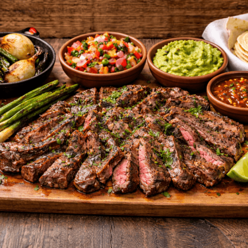 Carne asada Coahuila served on a wooden board with sliced grilled steak, charred green onions, blistered jalapeños, fresh cilantro, lime wedges, warm tortillas, and bowls of salsa, guacamole, and pico de gallo.
