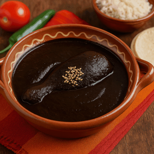Mole Negro Oaxaqueño served in a clay bowl with chicken and sesame seeds