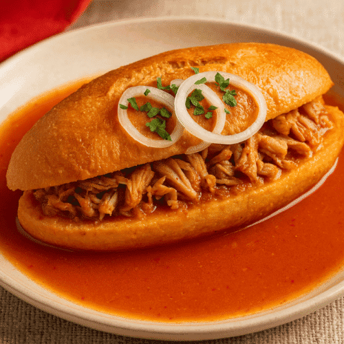 Torta Ahogada on ceramic plate with salsa dripping