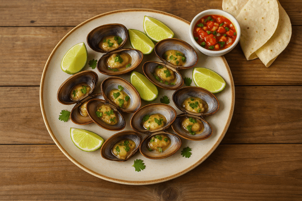 Grilled chocolate clams served on a rustic ceramic plate with lime wedges, salsa, and tortillas on a wooden table overhead.