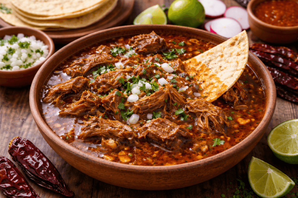 Final plated birria de res served in a rustic clay bowl with tender shredded beef in rich red chile broth, topped with chopped onion and cilantro, with corn tortillas and lime on the side.