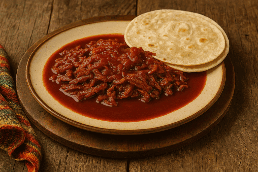 Rustic Chihuahua-style Chile Colorado con Carne Seca served on a wooden table with flour tortillas and a deep red guajillo chile sauce.
