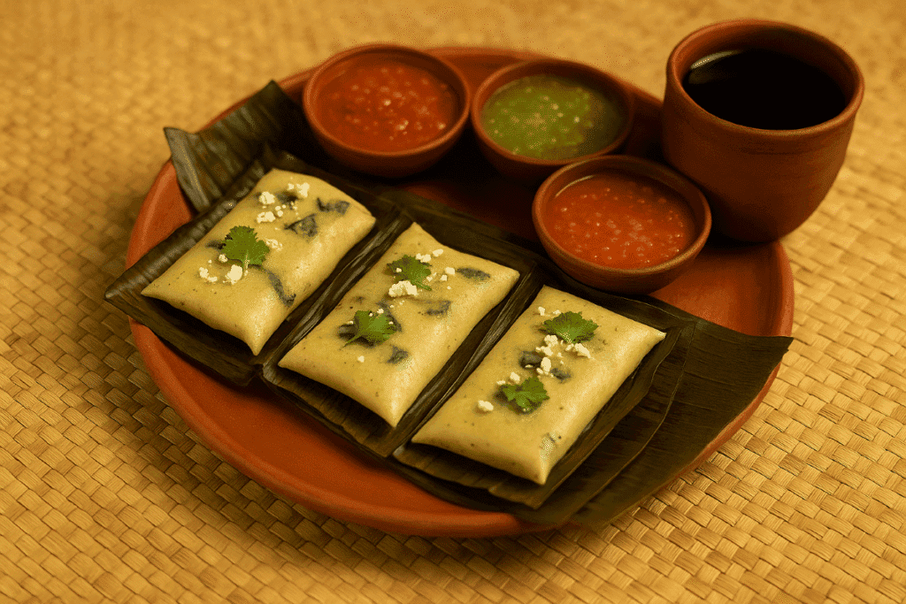 Three Tamales de Chipilín served on banana leaves with colorful salsas and café de olla on a clay plate over a woven mat.