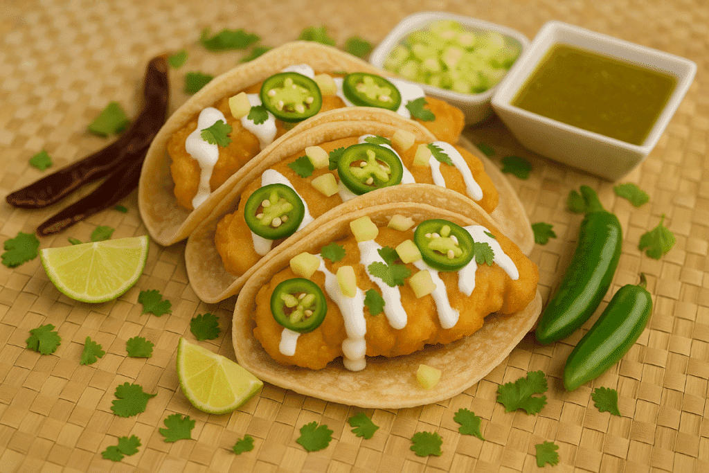 Baja California fish tacos topped with crispy fried fish, crema, jalapeño slices, cilantro, and lime wedges on corn tortillas.