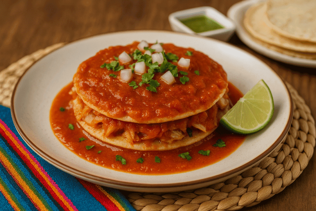Pan de Cazón plated with layered tortillas, shredded shark, and tomato-pepper sauce, served with lime wedges and cilantro on a rustic wooden table