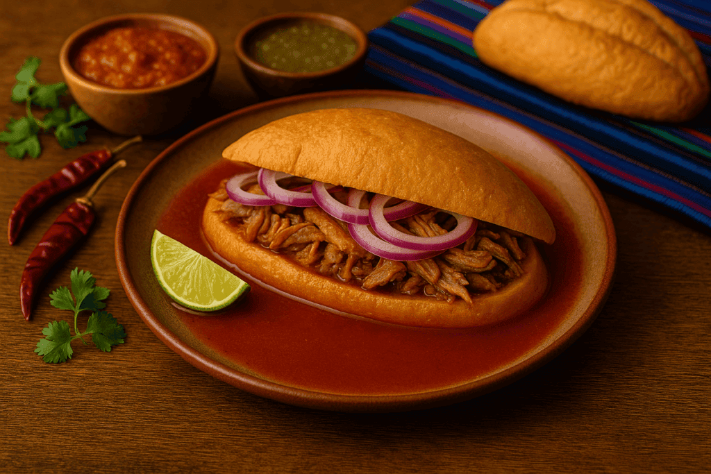 A plated torta ahogada filled with shredded pork and topped with red onion, served in a pool of spicy salsa roja with lime, dried chiles, and bowls of salsa on a rustic wooden table.