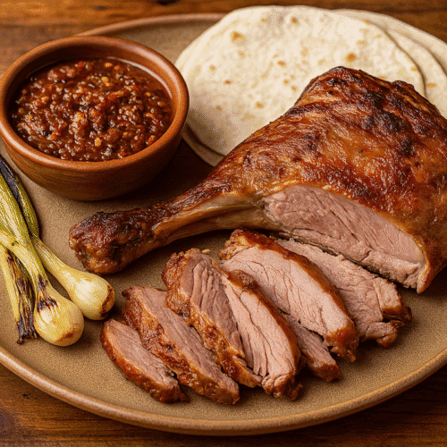Sliced cabrito al pastor served with grilled onions, salsa tatemada, and flour tortillas on a ceramic plate.