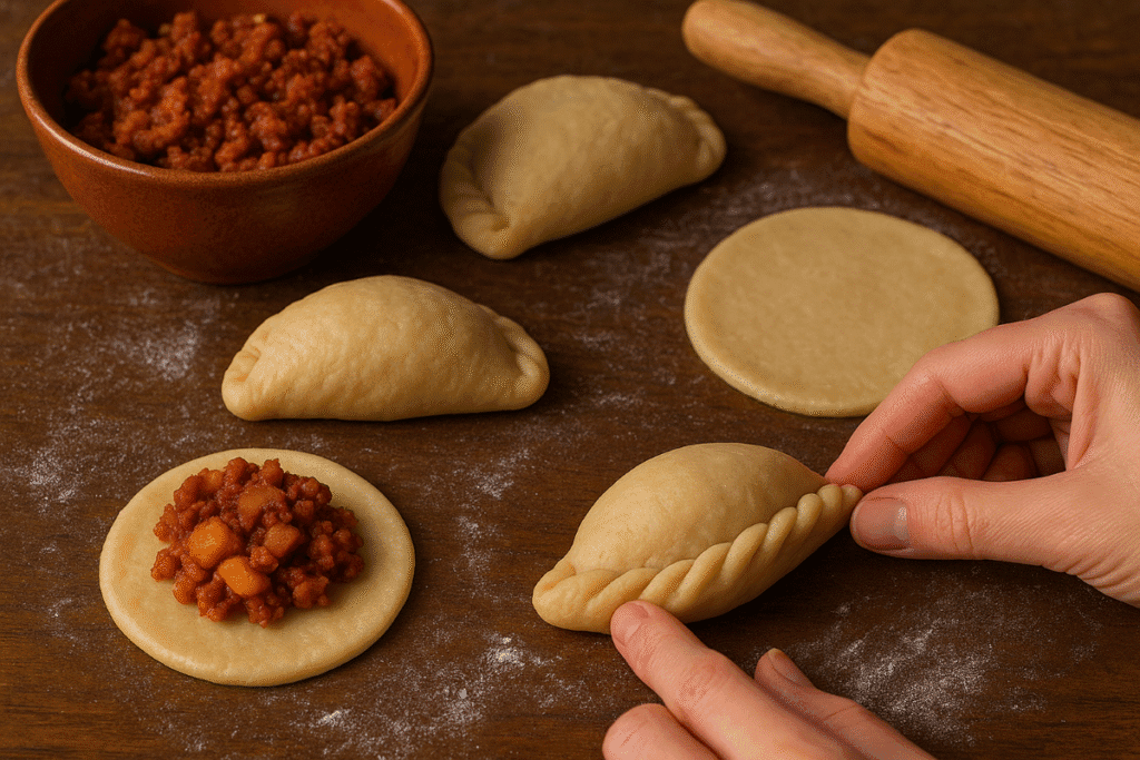 Hand forming traditional Pastes Hidalguenses with chorizo-potato filling on a wooden surface, surrounded by rolled dough, a rolling pin, and prepared pastries.