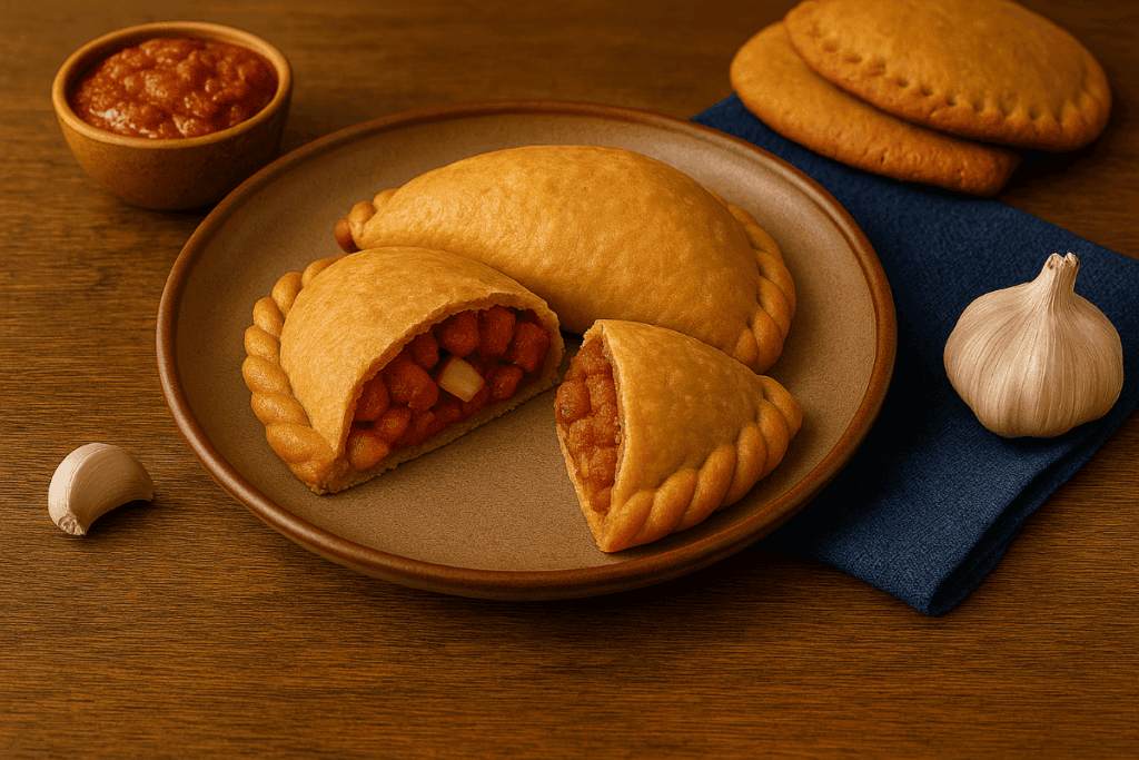 Golden pastes hidalguenses on a rustic ceramic plate, one cut open to reveal chorizo-and-potato filling, served with salsa, garlic, and a blue napkin on a wooden table.