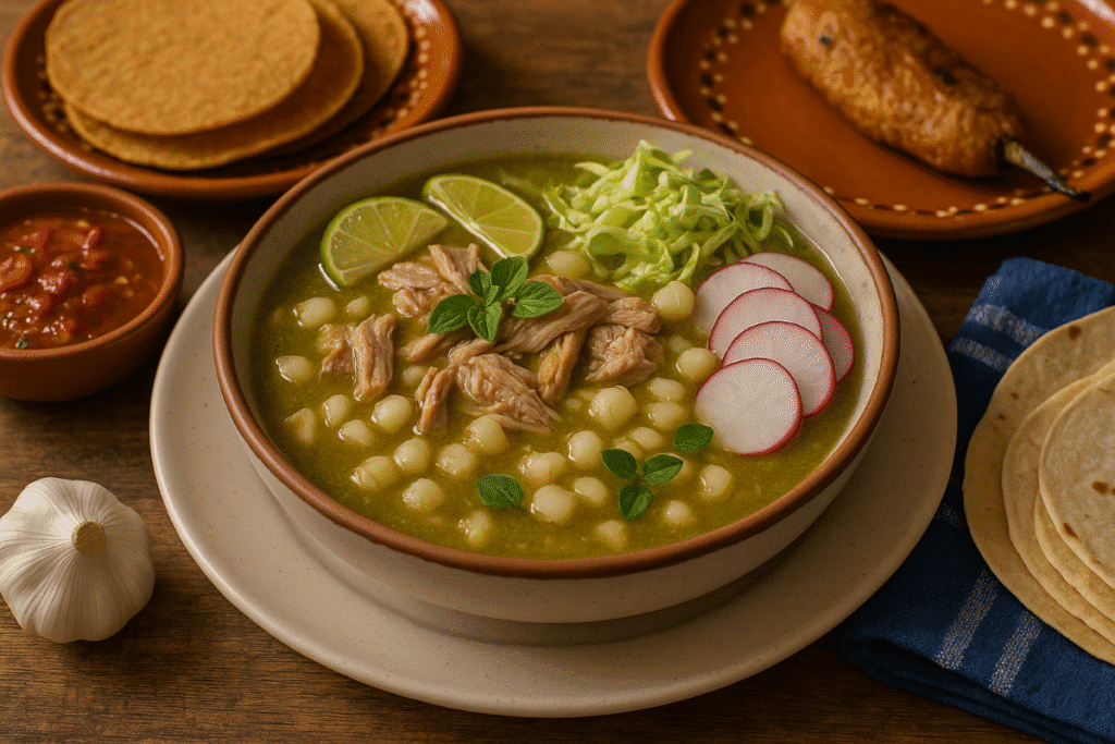 A rustic bowl of authentic Pozole Verde topped with radishes, lettuce, and lime, served with tostadas and traditional sides on a wooden table.