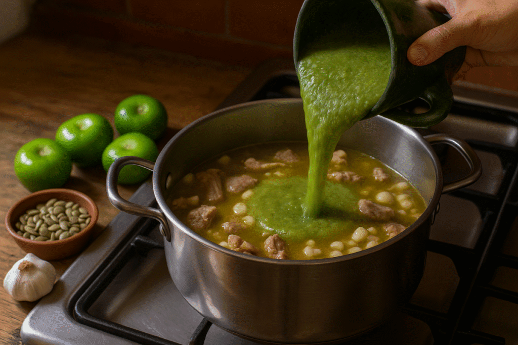 Pouring vibrant green pepita-tomatillo sauce into a simmering pot of pork and hominy for authentic Guerrero-style pozole verde.