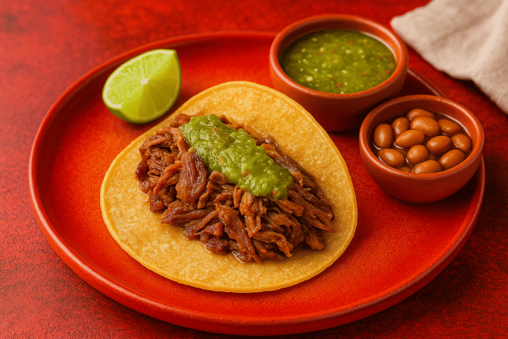 Barbacoa de Borrego taco with green salsa, beans, and lime on a traditional plate