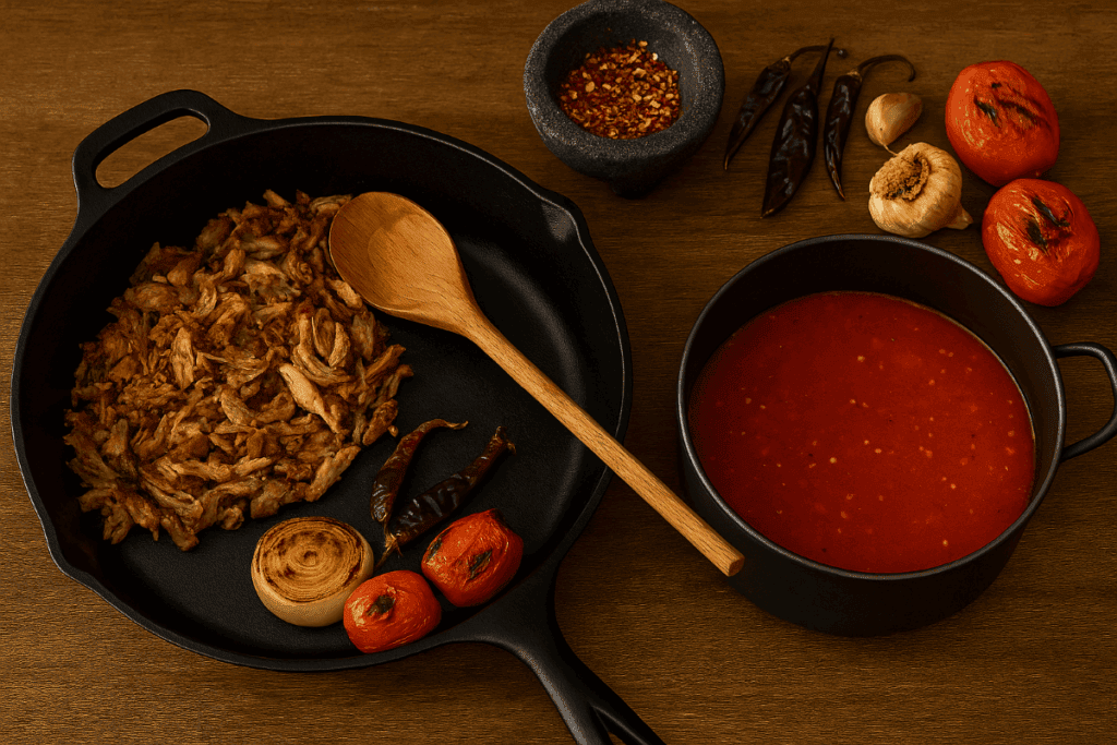 Torta ahogada cooking setup showing crispy carnitas in a cast-iron skillet, charred tomatoes and chiles, garlic, and a pot of spicy red salsa on a rustic wooden surface