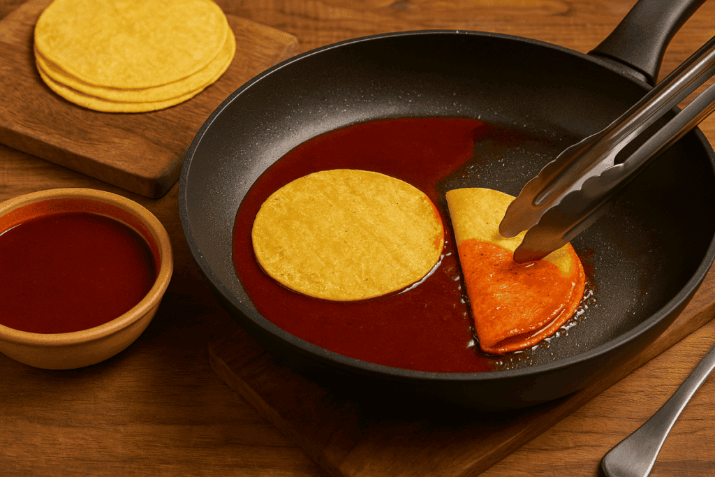 Corn tortillas being dipped in guajillo sauce and lightly fried in a skillet, with extra tortillas and a bowl of red chile sauce on a wooden surface.