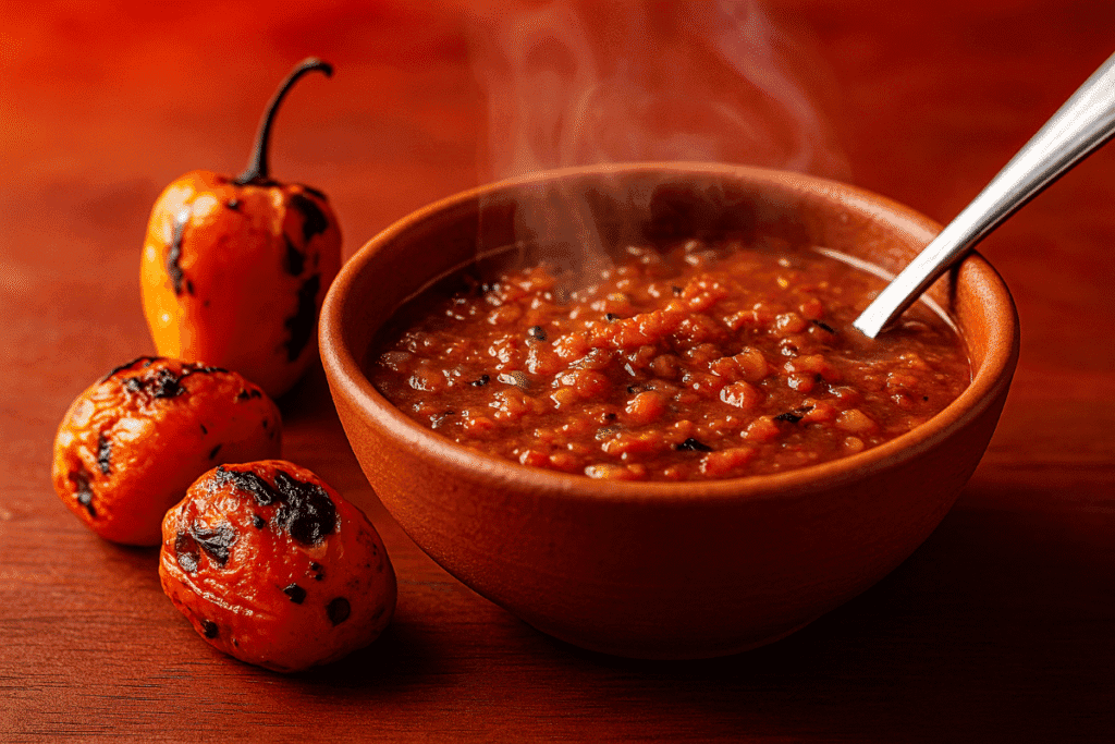 Steaming chiltomate salsa made from roasted tomatoes, onion, and habanero in a terracotta bowl, with charred ingredients on a warm wood surface.