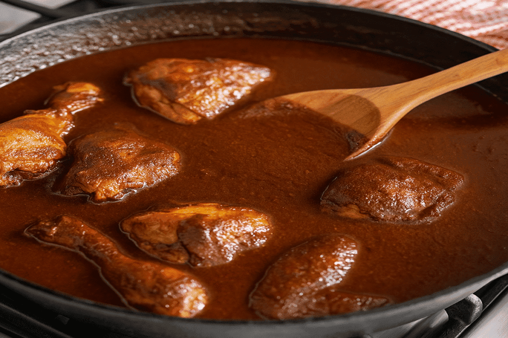 Mole Poblano simmering in a skillet with chicken, stirred gently with a wooden spoon