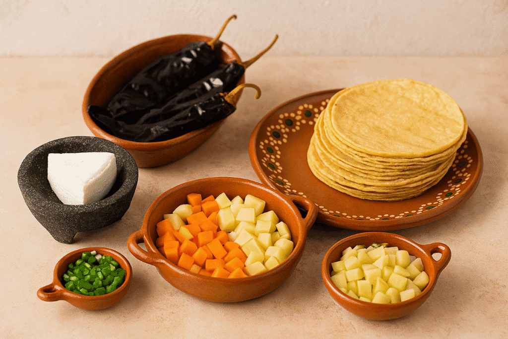 Ingredients for Enchiladas Queretanas including guajillo chiles, queso fresco, and vegetables