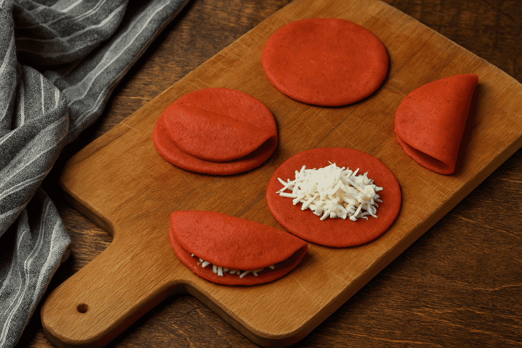 Red masa dough rounds being filled with cheese and folded into Enchiladas Potosinas on a wooden prep board