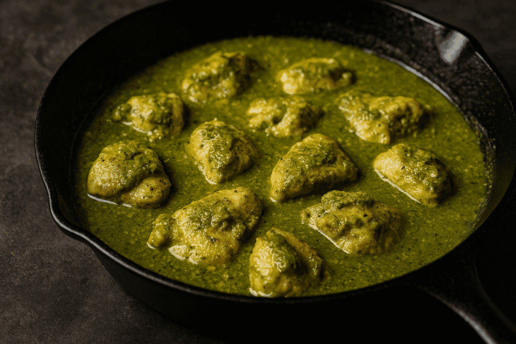 Chunks of chicken simmering in thick green sauce made from toasted pumpkin seeds, hoja santa, and epazote inside a black cast iron skillet.