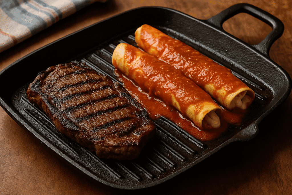 Grilled Tampiqueña steak with cheesy enchiladas in red chile sauce — authentic Carne a la Tampiqueña recipe from Tamaulipas, Mexico