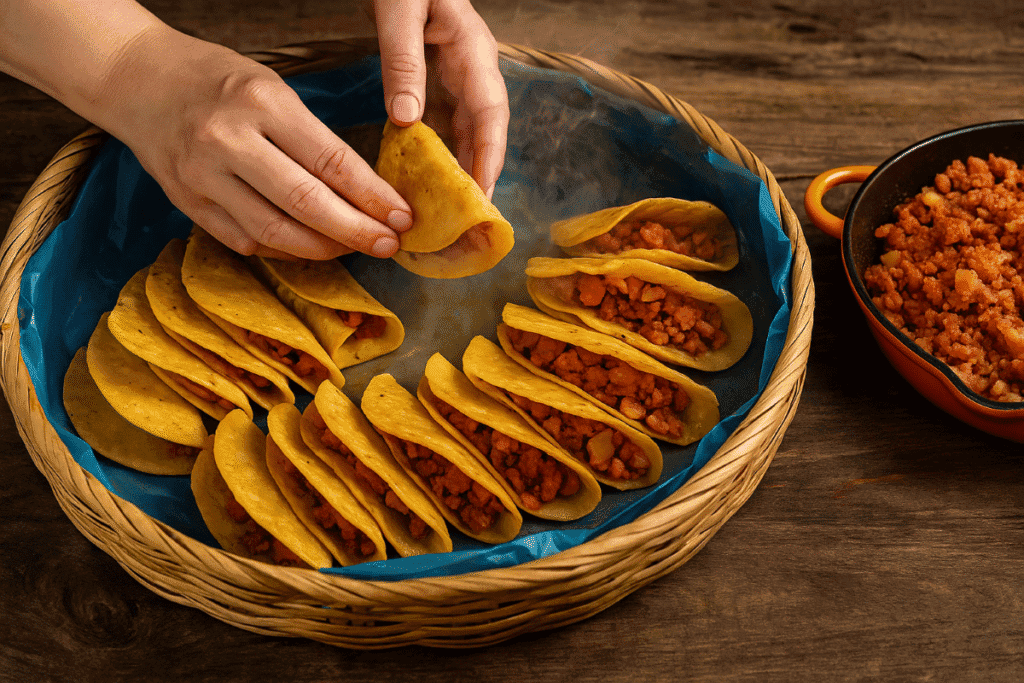 Tacos de Canasta being layered inside a basket with chile oil poured over each row, preparing for steaming.