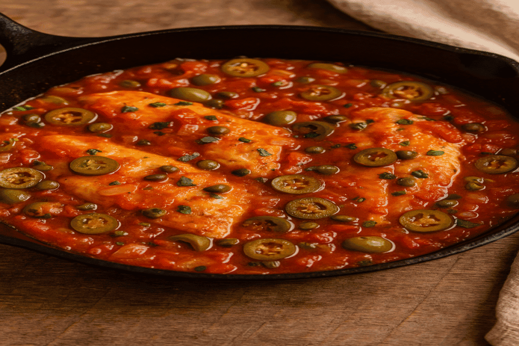 Pescado a la Veracruzana simmering in a skillet with tomatoes, olives, and capers, as the sauce reduces and flavors meld.