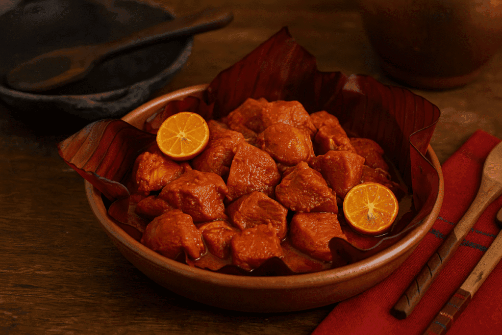 Chunks of pork marinating in achiote and citrus, ready for slow-cooking in the traditional Cochinita Pibil style.