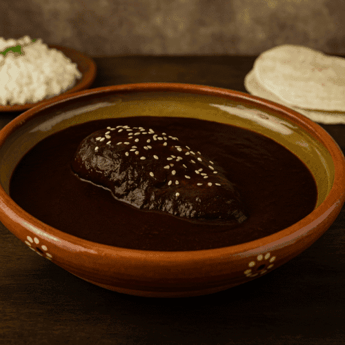 Mole Poblano on a clay plate with chicken and sesame seeds against Talavera tiles