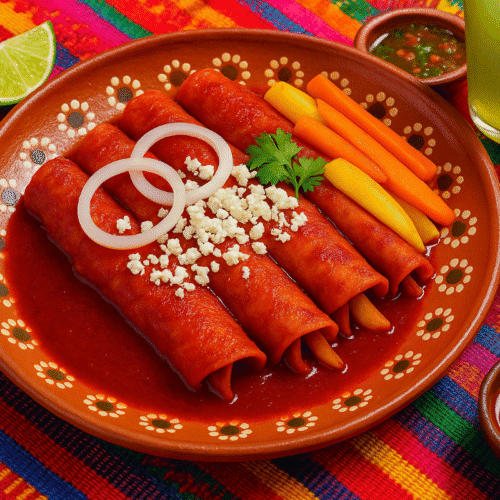 Enchiladas Queretanas with guajillo chile sauce, carrots, and potatoes on a clay plate