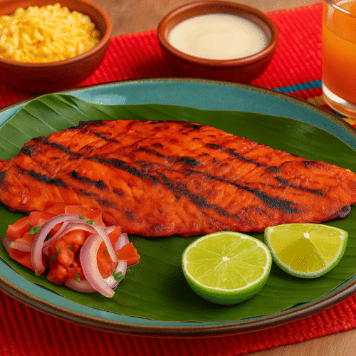 Grilled Tikin Xic fish marinated in achiote, served on a banana leaf with lime halves, tomato-onion salad, rice, creamy sauce, and an orange drink, all atop a colorful woven placemat.