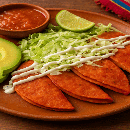 Crispy Enchiladas Potosinas served with lettuce, avocado, and crema on a traditional clay plate.