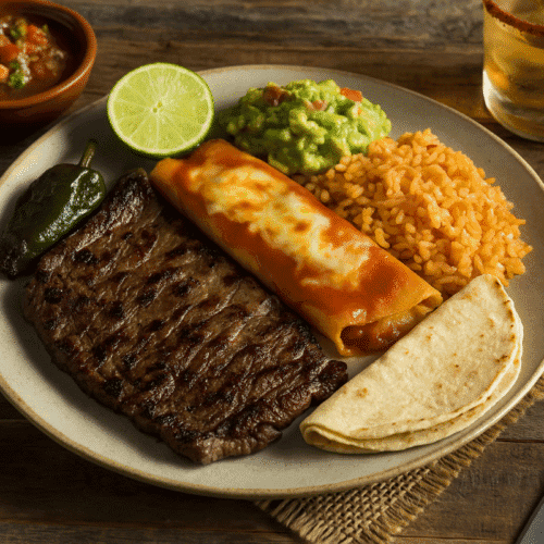 Tampiqueña steak with cheesy enchiladas, rice, beans, and guacamole — authentic Carne a la Tampiqueña recipe from Tamaulipas