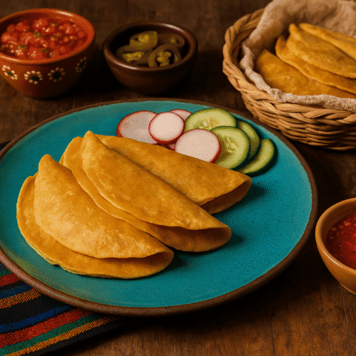 A high-resolution image of Tacos de Canasta arranged on a rustic clay plate, with salsa verde and pickled vegetables on the side.