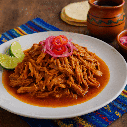 Cochinita Pibil served on a rustic wooden table, with tender shredded pork marinated in achiote and citrus, garnished with pickled onions and herbs.