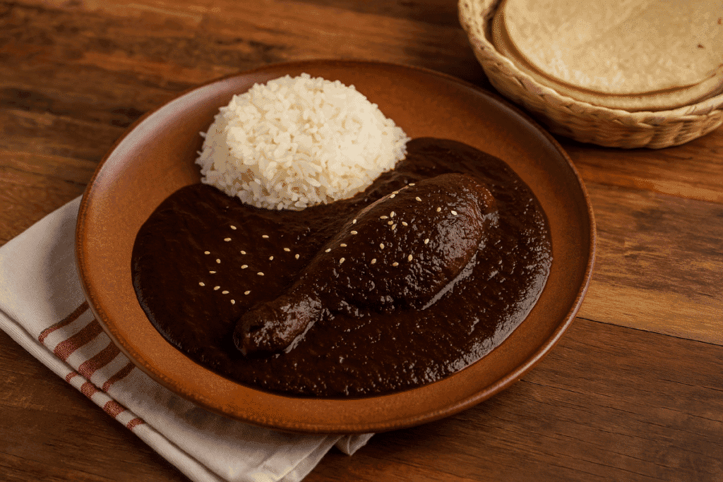 Final plated Mole Poblano with rice and tortillas on a Puebla-style table