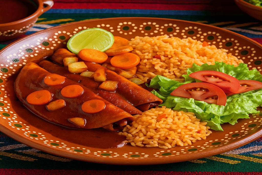 Plated Enchiladas Queretanas with rice, sautéed vegetables, and guajillo chile sauce on a traditional Mexican table setting