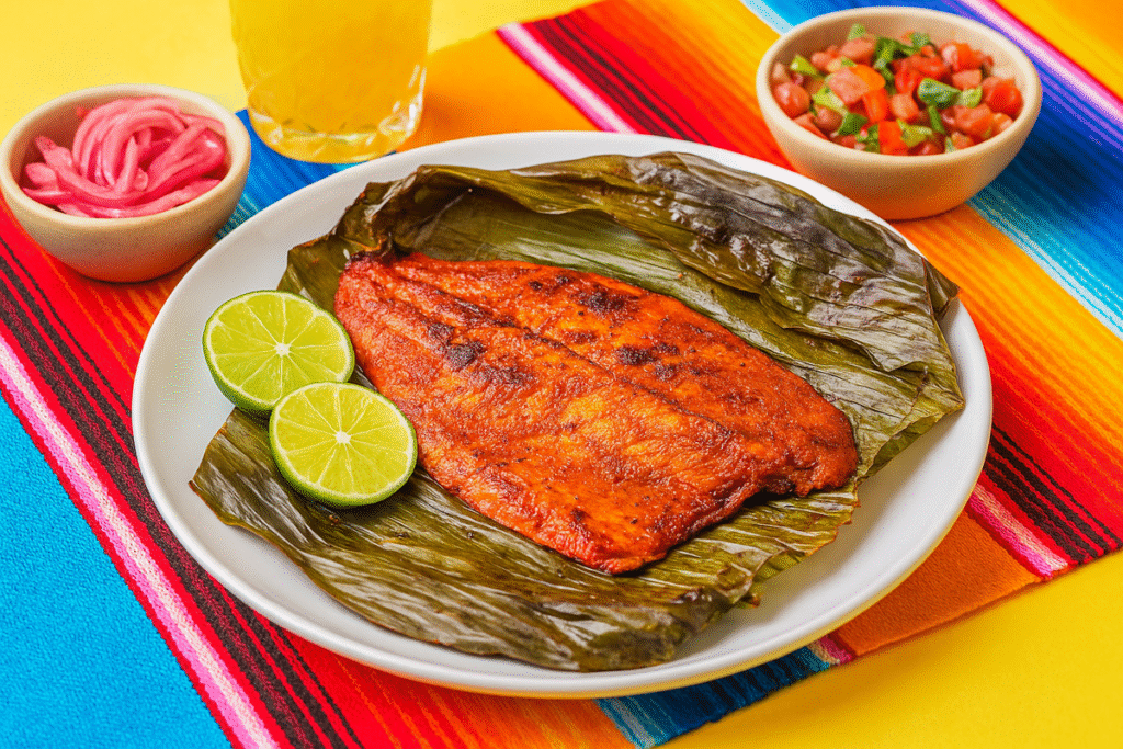 Final plated Tikin Xic with achiote-marinated grilled fish on a banana leaf, served with pico de gallo, pickled red onions, rice, and a citrus drink on a white plate.