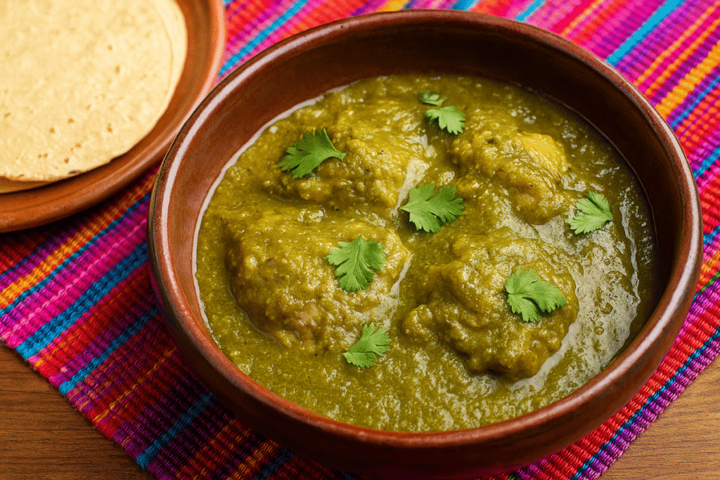 Tortuga en Verde served in a clay bowl with thick green herb sauce, accompanied by corn tortillas and garnished with fresh hoja santa on a rustic table.