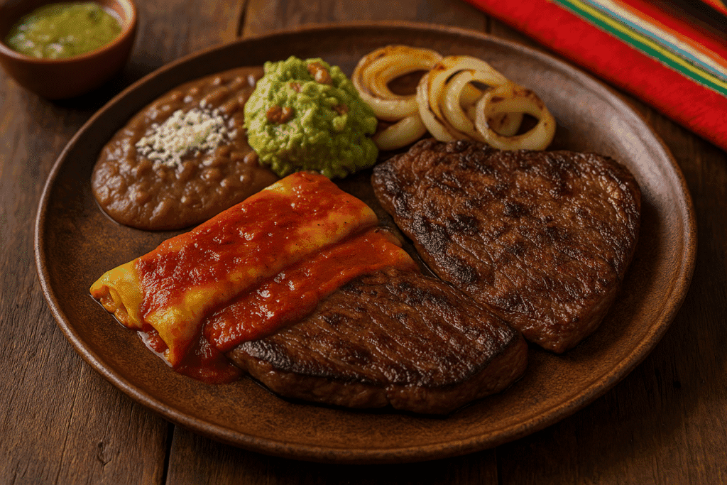 Authentic Carne a la Tampiqueña served with enchiladas, grilled onions, and creamy guacamole — classic Mexican steak dish