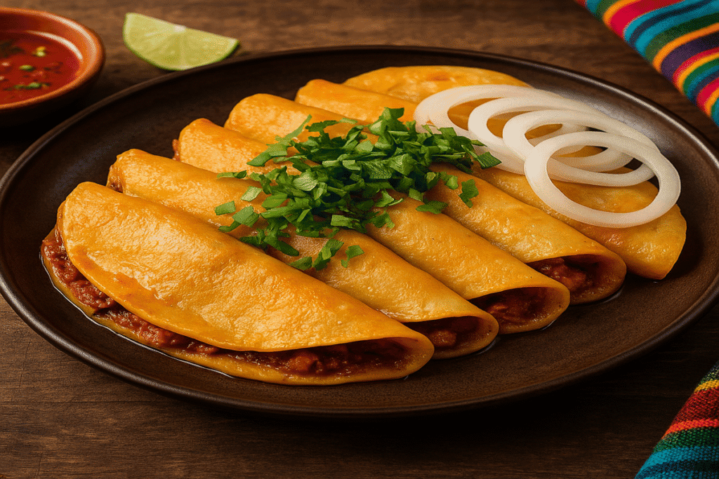 Tacos de Canasta plated with pickled jalapeños, salsa, and lime wedges on a rustic table, ready to eat.