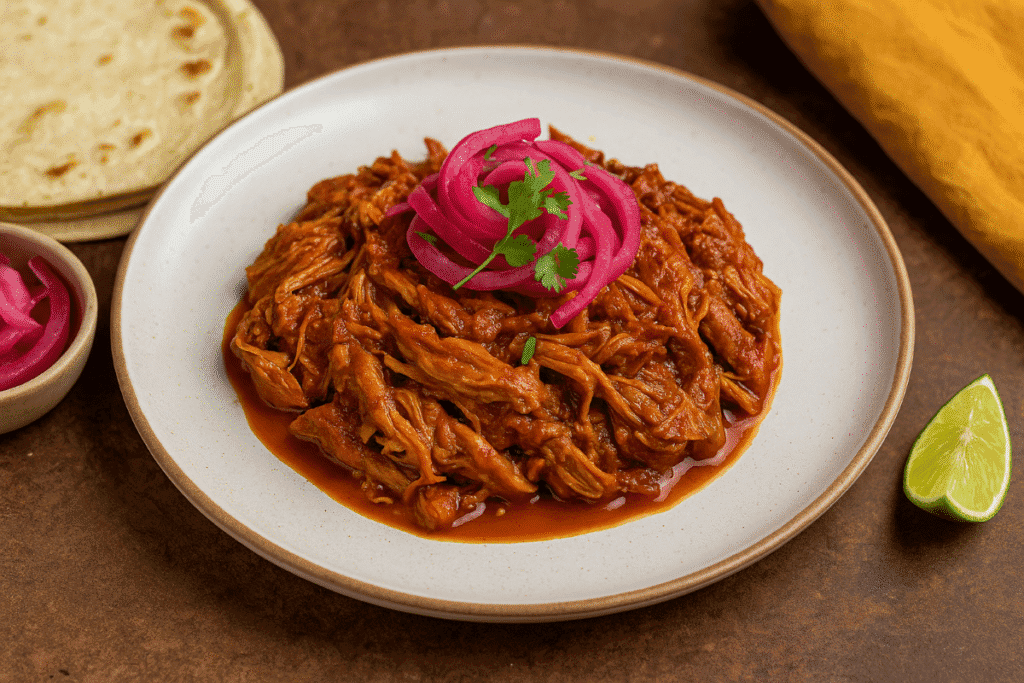 Cochinita Pibil served on a rustic plate with shredded pork, pickled red onions, fresh herbs, and warm tortillas on the side.
