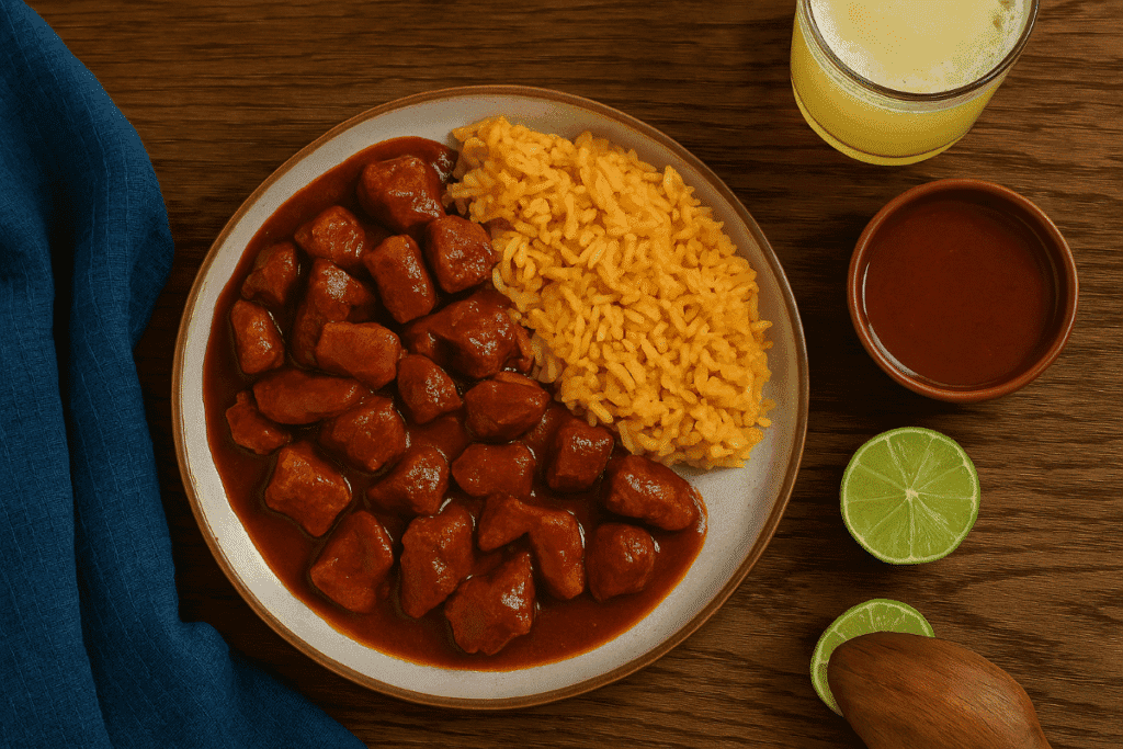 Asado de Boda served on a rustic plate with tender pork in red chile sauce, accompanied by Mexican rice, lime wedges, and fresh herbs.
